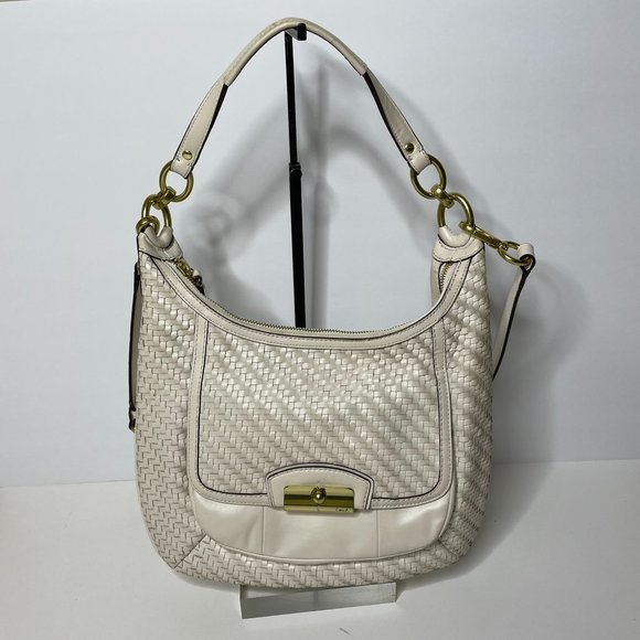 Coach small boho bag woven leather pink satin interior